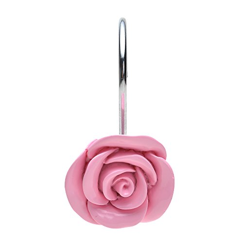 Lovely Pink Rose Anti-Rust Decorative Resin Shower Curtain Ring Hooks, Set of 12