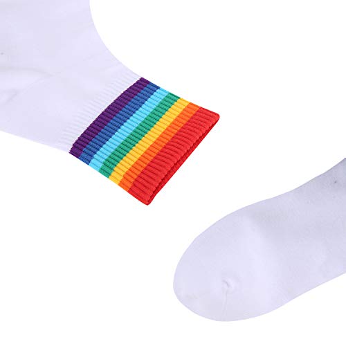 Womens Novelty Funny Crew Socks Girls Cute Floral Colorful Patterned Socks Silly Funky Casual Cotton Flower printed Socks Gift，5 Pack-rainbow Stripes