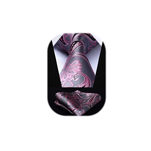 HISDERN Paisley Tie for Men Classic Extra Long Pink Ties and Pocket Square Formal Necktie with Handkerchief for Big and Tall Men Wedding, 63 Inches Length