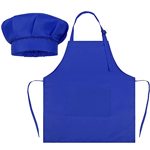 SUNLAND Kids Apron and Hat Set Children Chef Apron for Cooking Baking Painting (Royal Blue , M)