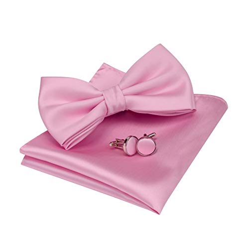 GUSLESON Mens Light Pink Bow Tie for Men Double Fold Pre-tied Bowtie and Pocket Square Cufflink Set (0570-20)