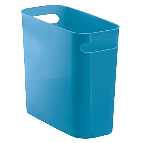 mDesign Plastic Small Trash Can, 1.5 Gallon/5.7-Liter Wastebasket, Narrow Garbage Bin with Handles for Bathroom, Laundry, Home Office - Holds Waste, Recycling, 10" High - Aura Collection, Light Blue
