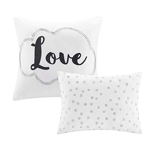 Intelligent Design Modern Trendy Casual All Season Bedding Raina Comforter Set Microfiber Metallic Print Geometric Design Embroidered Toss Pillow, Full/Queen, White/Silver 5 Piece