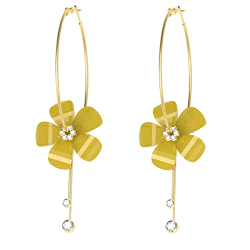 Romantic Crystal Acrylic Rose Flower Earrings Five Leaves Exaggerated Round Hoop long Tassel Earring for Women Jewelry (Yellow)
