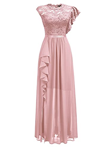 Women's Formal Floral Lace Ruffle Bridesmaid or Party Maxi Dress, Sizes to XX-Large - Pink