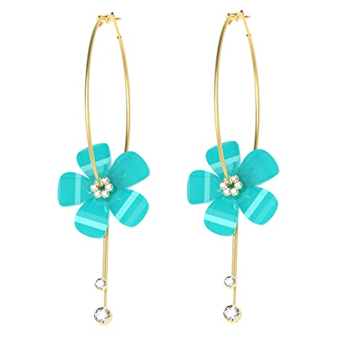 Romantic Crystal Acrylic Rose Flower Earrings Five Leaves Exaggerated Round Hoop long Tassel Earring for Women Jewelry (Blue)
