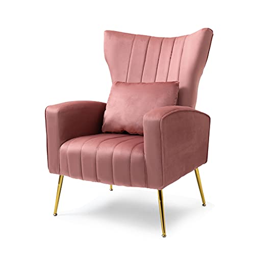 WQSLHX Living Room Chairs Velvet Accent Chair with Lumbar Pillow, High Back Armchair Mid Century Modern Vanity Chair for Bedroom with Armrest, Arm Chair with Golden Metal Legs, Pink