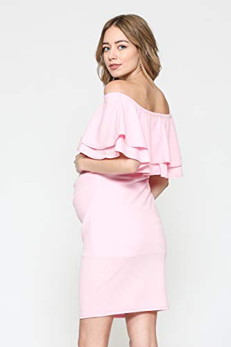 LaClef Women's Off Shoulder Maternity Dress with Double Ruffle (Pink, Medium)