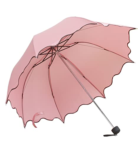 Large Dome Pink Ruffled Umbrella, Triple-Fold, UV Protection