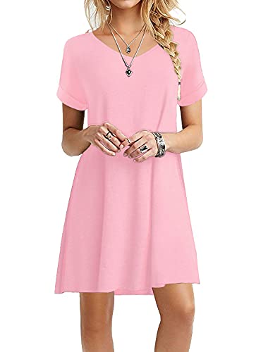 Summer Casual T-Shirt Loose Swing Swimsuit Cover Up Beach Dress, Pink