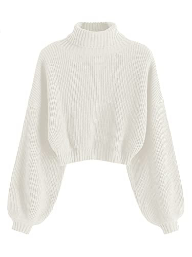 ZAFUL Women's Cropped Turtleneck Sweater Lantern Sleeve Ribbed Knit Pullover Sweater Jumper (2-White, M)