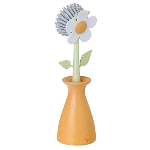 Vigar Florganic Dish Brush with Vase, Eco-Friendly, Daisy-Shaped Dish Brush and Holder, Orange