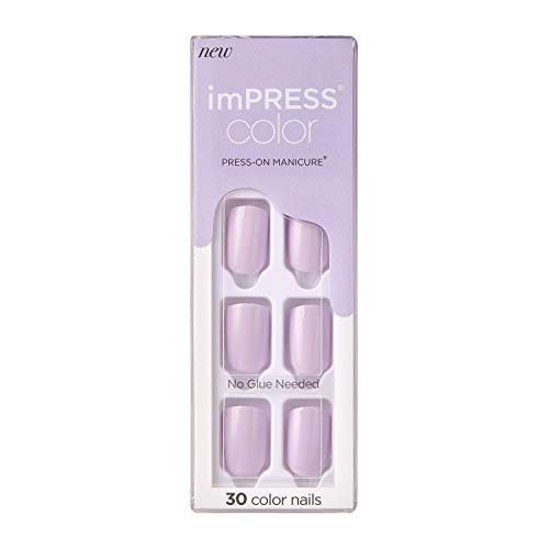 KISS imPRESS Color Press-On Manicure, Gel Nail Kit, PureFit Technology, Short Length, “Picture Purplect”, Polish-Free Solid Color Mani, Includes Prep Pad, Mini File, Cuticle Stick, and 30 Fake Nails