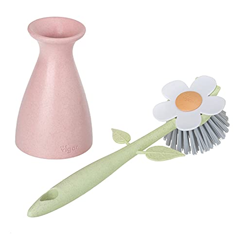 Vigar Florganic Dish Brush with Vase, Eco-Friendly, Daisy-Shaped Dish Brush and Holder, Pink