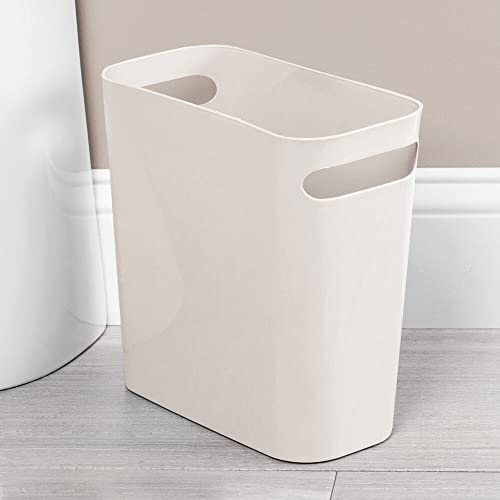 mDesign Plastic Small Trash Can, 1.5 Gallon/5.7-Liter Wastebasket, Narrow Garbage Bin with Handles for Bathroom, Laundry, Home Office - Holds Waste, Recycling, 10" High - Aura Collection, Cream/Beige