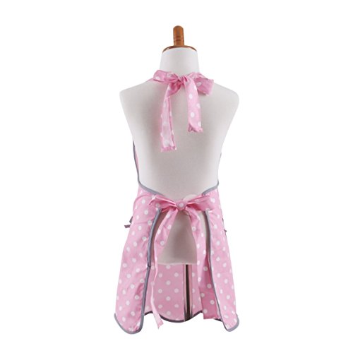Thin Kids Girl Cotton Apron, Cooking Apron for Kid Girls, Pink Polka Dots Baking Apron for Children with 2 Pockets