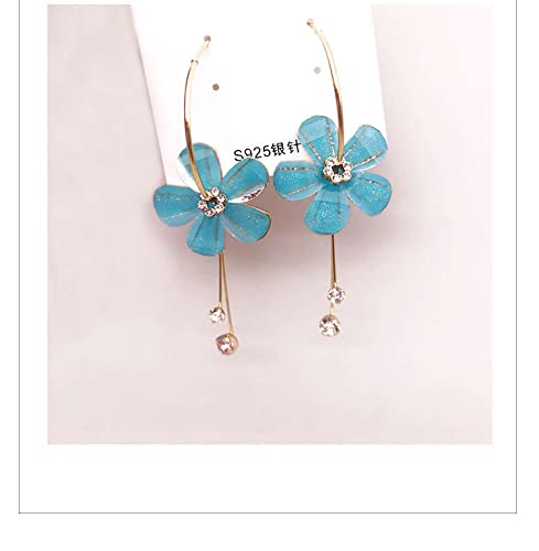 Romantic Crystal Acrylic Rose Flower Earrings Five Leaves Exaggerated Round Hoop long Tassel Earring for Women Jewelry (Blue)