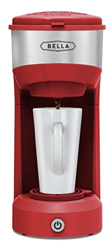 BELLA Dual Brew Single Serve Coffee Maker, Brews both Kcup and Ground Coffee, Large 14oz Capacity, Easy One Touch, Auto Shutoff, Red