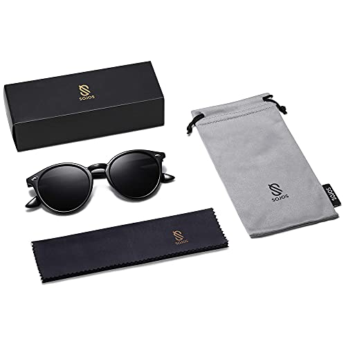 SOJOS Retro Round Polarized Sunglasses for Women Men Circle Frame UV400 Lenses SJ2069, Black/Grey