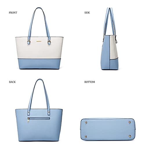Women's Two-Tone Light Blue & Beige 4-Piece Tote Bag, Shoulder Handbag, Clutch Wallet & Card Holder Set  (9 colors)