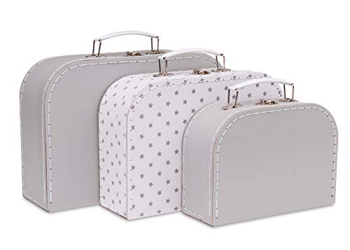 Jewelkeeper Paperboard Suitcases, Set of 3 – Nesting Storage Gift Boxes for Birthday Wedding Easter Nursery Office Decoration Displays Toys Photos – Gray Stars Design