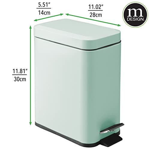 mDesign Small Modern 1.3 Gallon Rectangle Metal Lidded Step Trash Can, Compact Garbage Bin with Removable Liner Bucket and Handle for Bathroom, Kitchen, Craft Room, Office, Garage - Mint Green