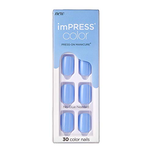 KISS imPRESS Color Press-On Manicure, Gel Nail Kit, PureFit Technology, Short Length, “Baby Why So Blue”, Polish-Free Solid Color Mani, Includes Prep Pad, Mini File, Cuticle Stick, and 30 Fake Nails