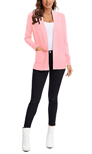 Urban CoCo Women's Lightweight Open Front Knit Cardigan Sweater Long Sleeve with Pocket (Pink, M)