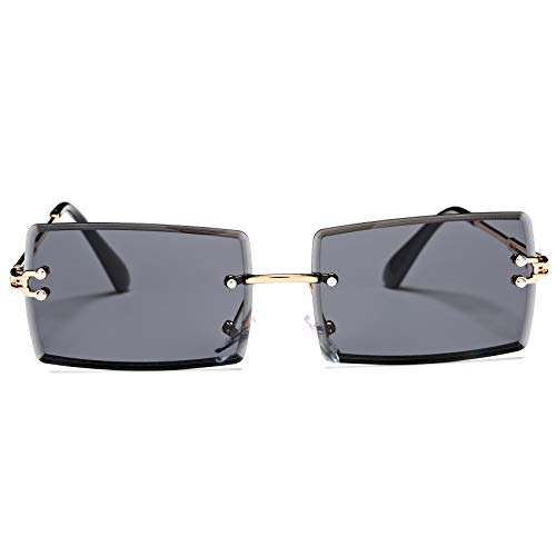 Rectangle Sunglasses for Men/Women Small Rimless Square Shade Eyewear ( Tea + Clear + Black )…