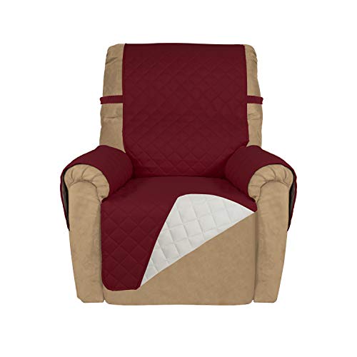 PureFit Reversible Quilted Recliner Sofa Cover, Water Resistant Slipcover Furniture Protector, Washable Couch Cover with Elastic Straps for Kids, Pets (Recliner, Red/Ivory)