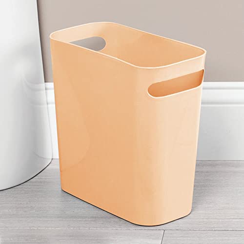mDesign Slim Plastic Rectangular Small Trash Can Wastebasket, Garbage Container Bin with Handles for Bathroom, Kitchen, Home Office, Dorm, Kids Room - 10" High, Shatter-Resistant - Light Orange