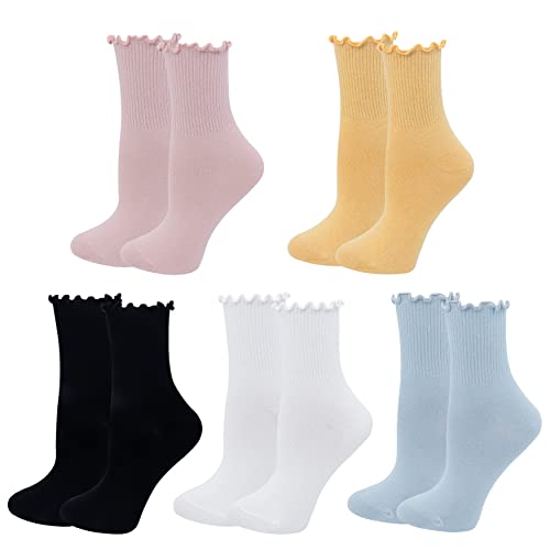 Cute Ruffle Socks for Women, Frilly Ankle Socks, 5 Pairs, Multicolored, Black or White