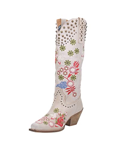 Women's Knee High Western Boot w/Poppy Floral Embroidery and Gold Studs, Low Heel  (8 colors)