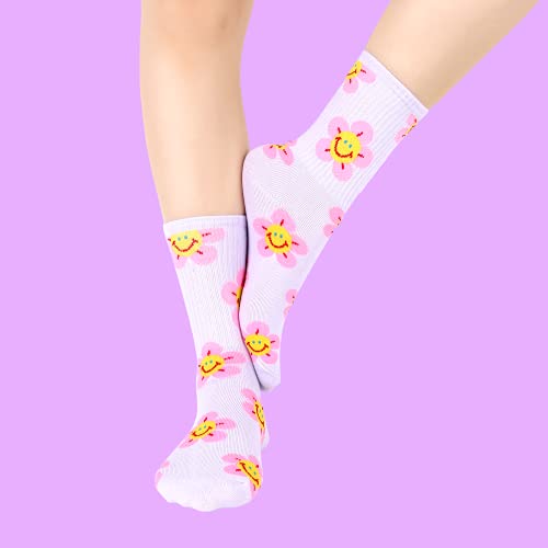 Womens Gils Novelty Funny Funky Crew Socks Colorful Crazy Cute Floral Animal Food Patterned Cotton Dress Socks Gifts,5 Pair Colorful Flower