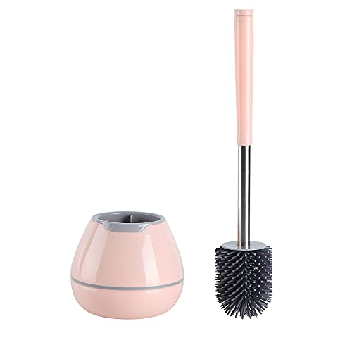 BOOMJOY Toilet Brush and Holder Set, Silicone Bristles Bathroom Cleaning Bowl Brush Kit with Tweezers - Pink