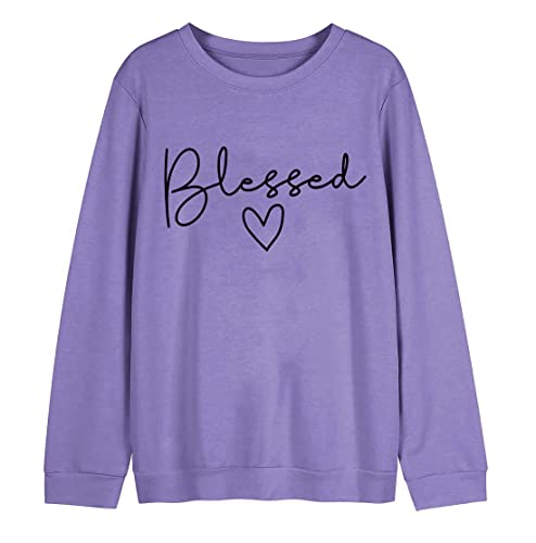 Blessed Sweatshirt for Women Letter Print Lightweight Thanksgiving Pullover Tops Blouse Purple