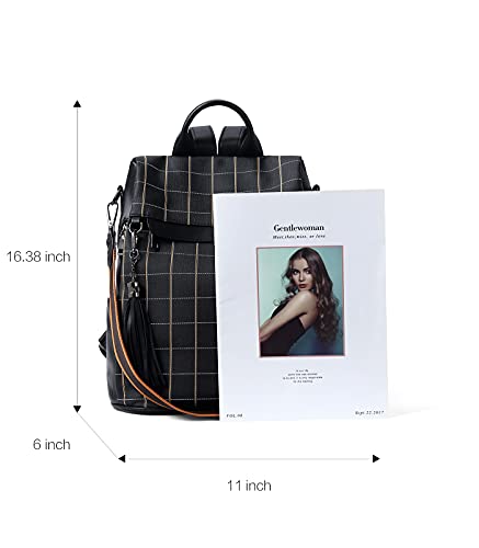 BROMEN Backpack Purse for Women Leather Anti-theft Travel Backpack Fashion Shoulder Bag Balck Plaid