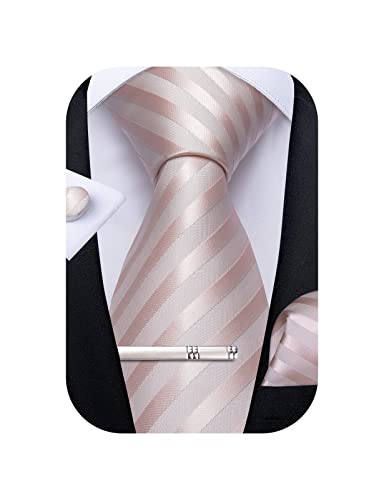 DiBanGu Blush Pink Tie for Men Silk Solid Striped Necktie Pocket Square Cufflink Tie Clip Set Wedding