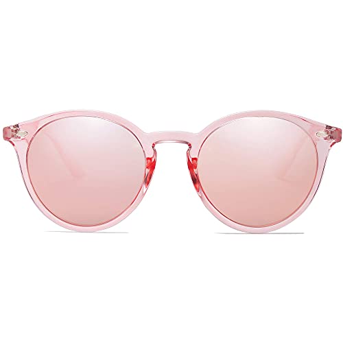 SOJOS Retro Round Polarized Sunglasses for Women Men Circle Frame UV400 Lenses SJ2069, Clear Pink/Pink Mirrored