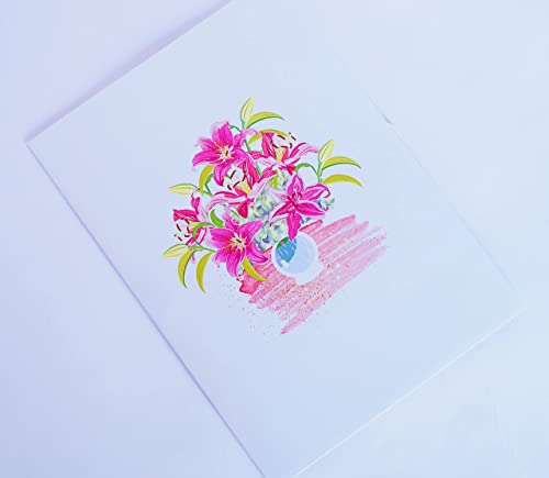 PQ Bees Pink Lily Bouquet Flowers Card Pop Up, Mothers Day Card, Birthday Card Women Grandma Mom, 3D Handmade Flower Greeting Cards, Anniversary, Thank You, Get Well, Sympathy Card.