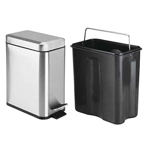 mDesign Small Modern 1.3 Gallon Rectangle Metal Lidded Step Trash Can, Compact Garbage Bin with Removable Liner Bucket and Handle for Bathroom, Kitchen, Craft Room, Office, Garage - Brushed