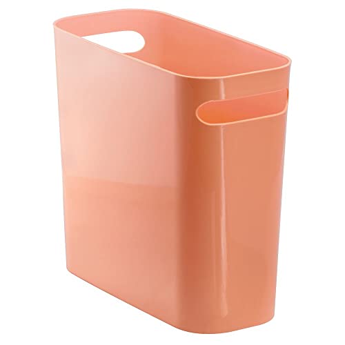 mDesign Plastic Small Trash Can, 1.5 Gallon/5.7-Liter Wastebasket, Narrow Garbage Bin with Handles for Bathroom, Laundry, Home Office - Holds Waste, Recycling, 10" High - Aura Collection, Coral Orange