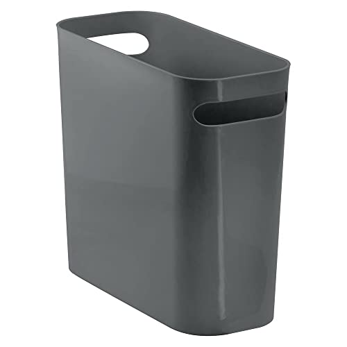 mDesign Plastic Small Trash Can, 1.5 Gallon/5.7-Liter Wastebasket, Narrow Garbage Bin with Handles for Bathroom, Laundry, Home Office - Holds Waste, Recycling, 10" High - Aura Collection, Dark Gray