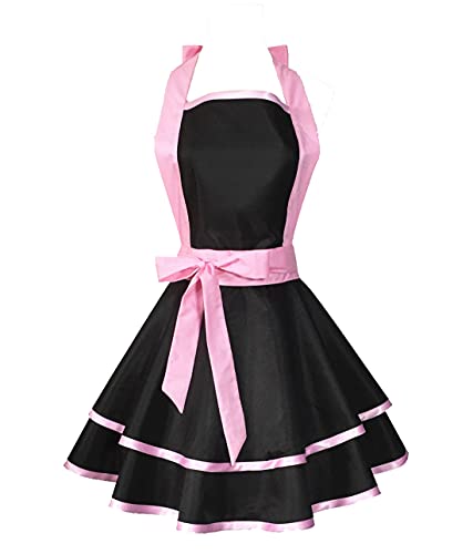 Hyzrz Lovely Handmade Cotton Retro Black Aprons for Women Girls Cake Kitchen Cook Apron for Mother's Gift (Pink)