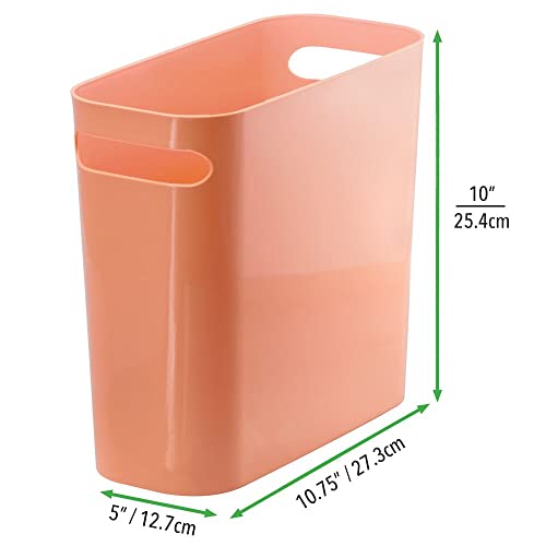 mDesign Plastic Small Trash Can, 1.5 Gallon/5.7-Liter Wastebasket, Narrow Garbage Bin with Handles for Bathroom, Laundry, Home Office - Holds Waste, Recycling, 10" High - Aura Collection, Coral Orange