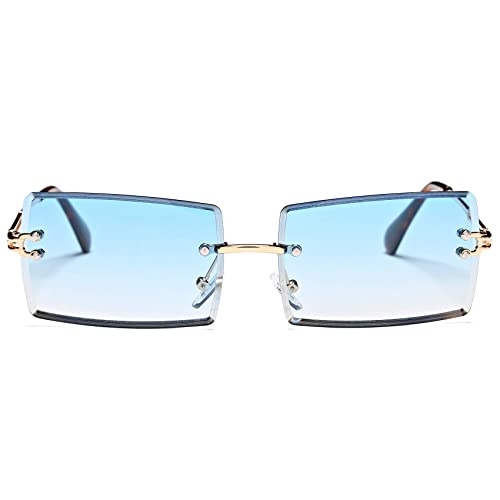 Rectangle Sunglasses for Men/Women Small Rimless Square Shade Eyewear (Blue)