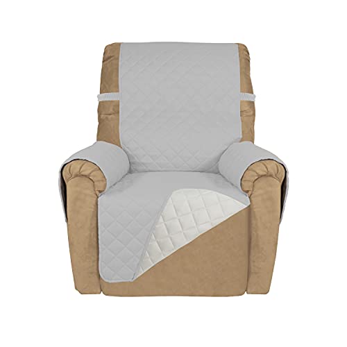 PureFit Reversible Quilted Recliner Sofa Cover, Water Resistant Slipcover Furniture Protector, Washable Couch Cover with Elastic Straps for Kids, Dogs, Pets (Recliner, Light Gray/Ivory)
