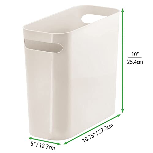 mDesign Plastic Small Trash Can, 1.5 Gallon/5.7-Liter Wastebasket, Narrow Garbage Bin with Handles for Bathroom, Laundry, Home Office - Holds Waste, Recycling, 10" High - Aura Collection, Cream/Beige