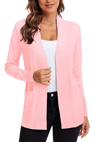 Urban CoCo Women's Lightweight Open Front Knit Cardigan Sweater Long Sleeve with Pocket (Pink, M)