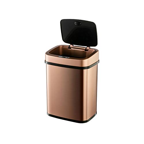 Ninestars Bedroom or Bathroom Automatic Touchless Infrared Motion Sensor Trash Can, 3 Gal 12L, Stainless Steel Base (Rectangular, Rose Gold/Black Lid)